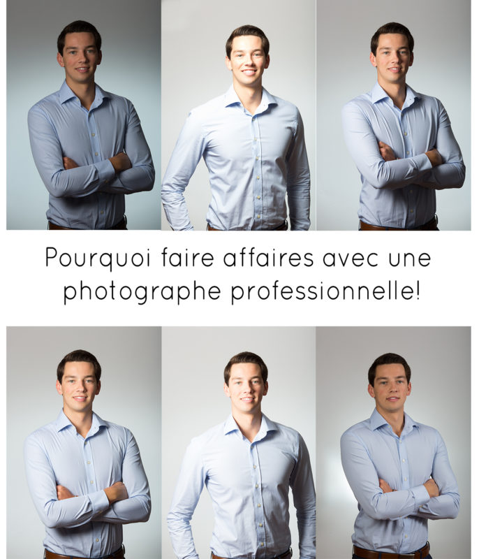 Montage comparatif de portraits d'un homme, avec le titre Pourquoi faire affaires avec une photographe professionnelle